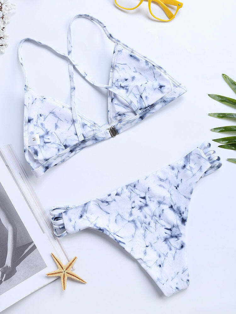 Y2K Aesthetic Marble Print Bikini Swimsuit with Criss Cross Back