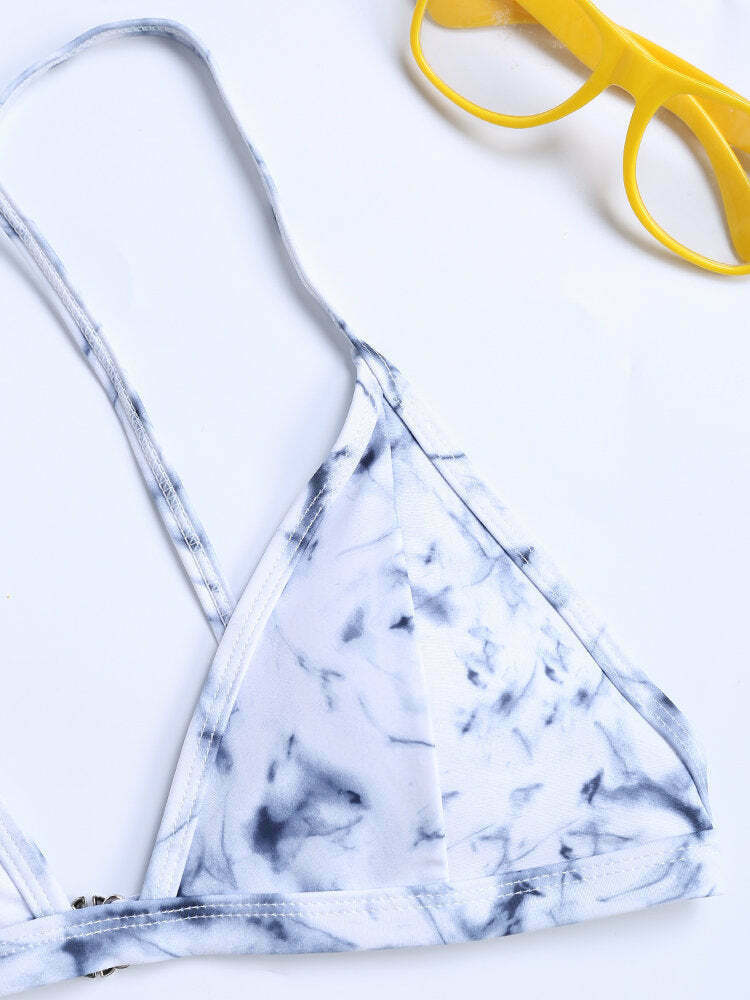Y2K Aesthetic Marble Print Bikini Swimsuit with Criss Cross Back