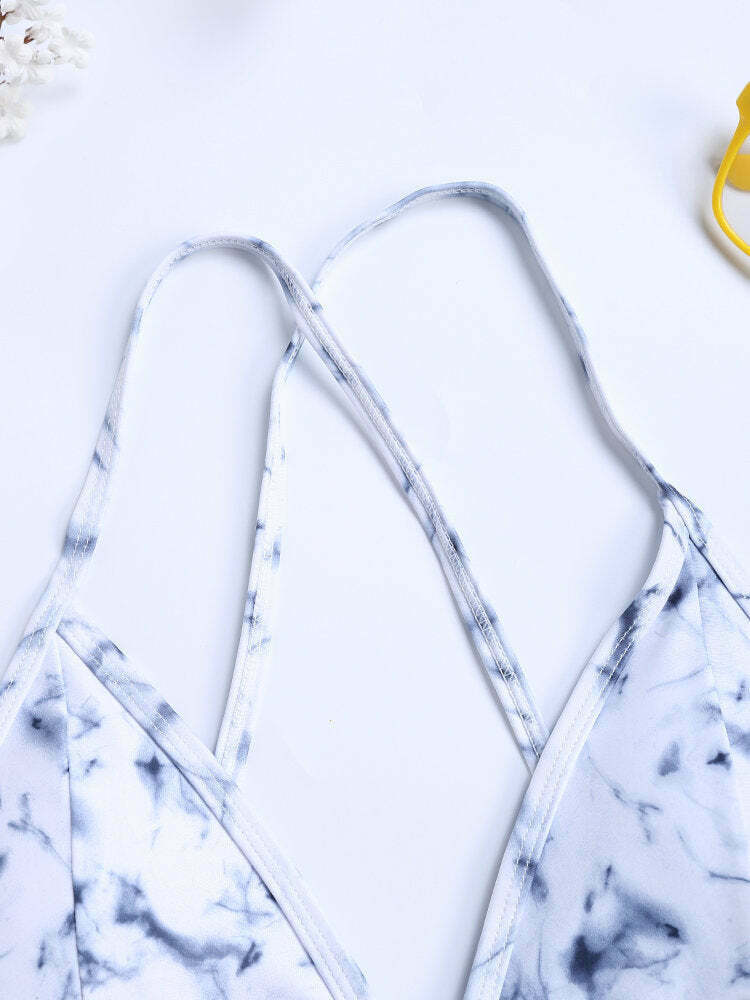 Y2K Aesthetic Marble Print Bikini Swimsuit with Criss Cross Back