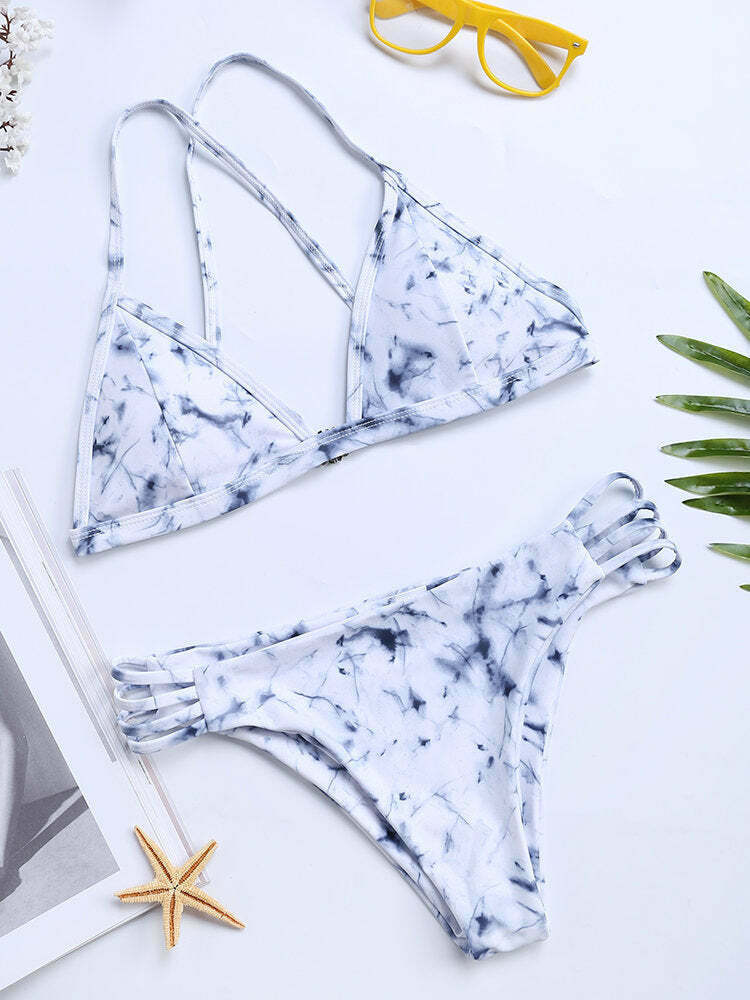 Y2K Aesthetic Marble Print Bikini Swimsuit with Criss Cross Back