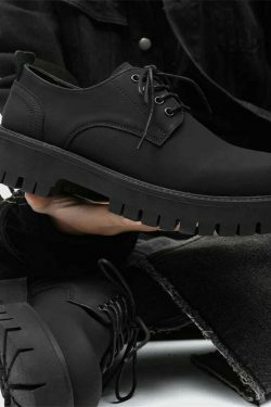Y2K Aesthetic Matte Black Chunky Derby Shoes - Coquette Style Grunge Fashion Statement
