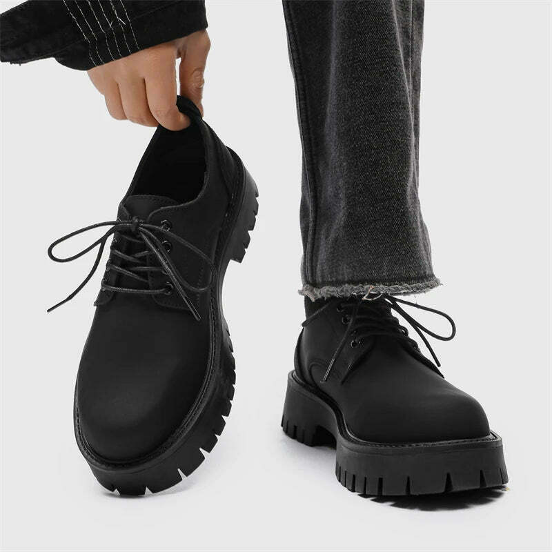 Y2K Aesthetic Matte Black Chunky Derby Shoes - Coquette Style Grunge Fashion Statement