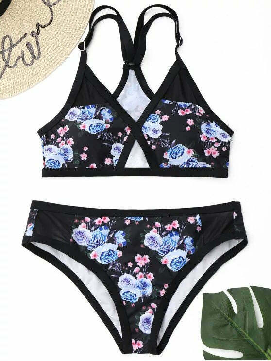 Y2K Aesthetic Mesh Panel Floral Bikini Set - Coquette Grunge Style for Women