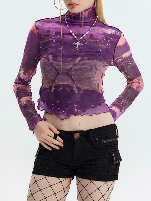 Y2K Aesthetic Mesh Print Long Sleeve Tee for Women - Coquette Grunge Style Fashion Top