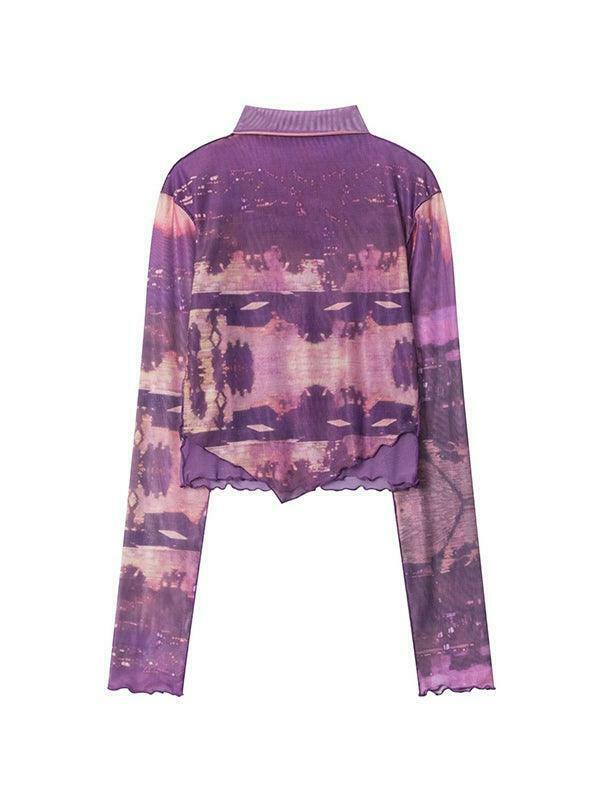 Y2K Aesthetic Mesh Print Long Sleeve Tee for Women - Coquette Grunge Style Fashion Top