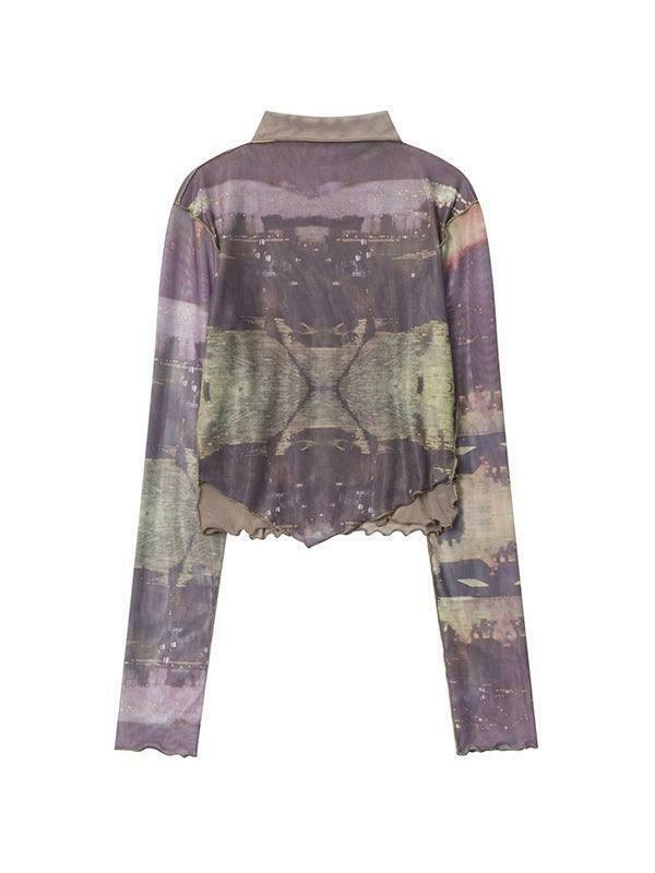 Y2K Aesthetic Mesh Print Long Sleeve Tee for Women - Coquette Grunge Style Fashion Top