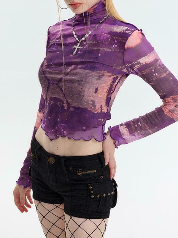 Y2K Aesthetic Mesh Print Long Sleeve Tee for Women - Coquette Grunge Style Fashion Top