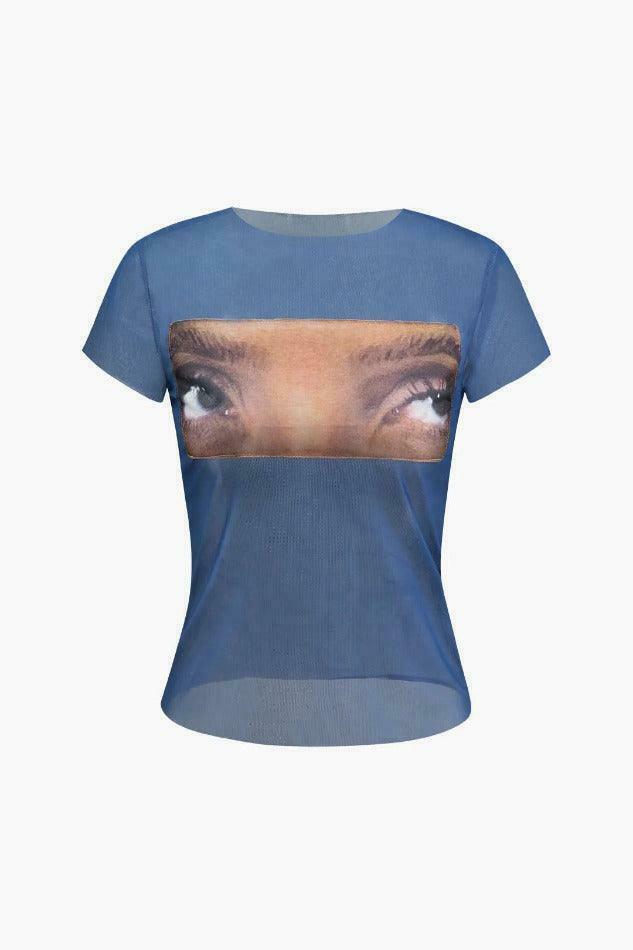 Y2K Aesthetic Mesh T-Shirt with Eye Graphic - Coquette & Grunge Style Women's Fashion