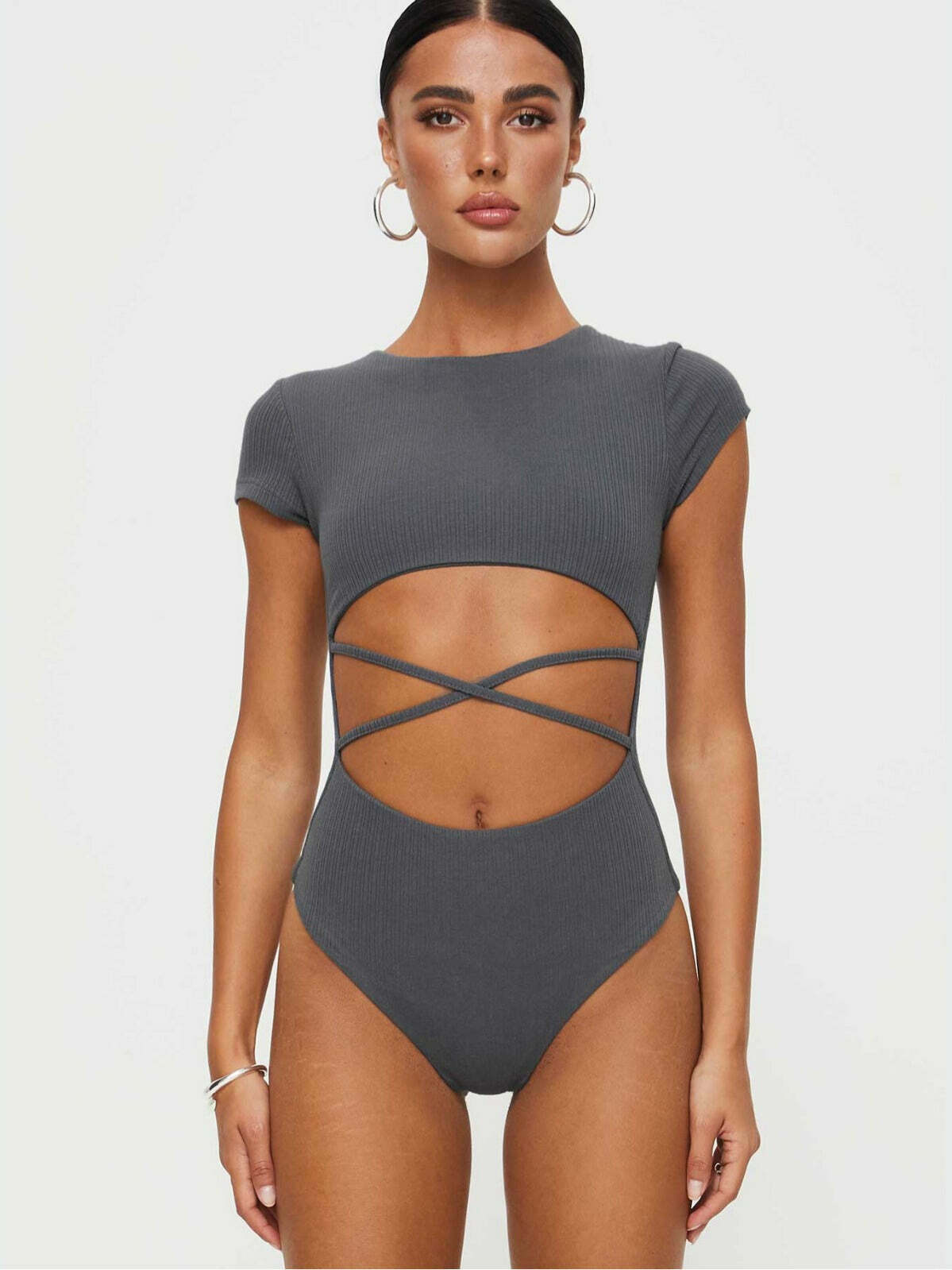 Y2K Aesthetic Middle Strap Hollow Bodysuit for Women - Coquette & Grunge Style Fashion