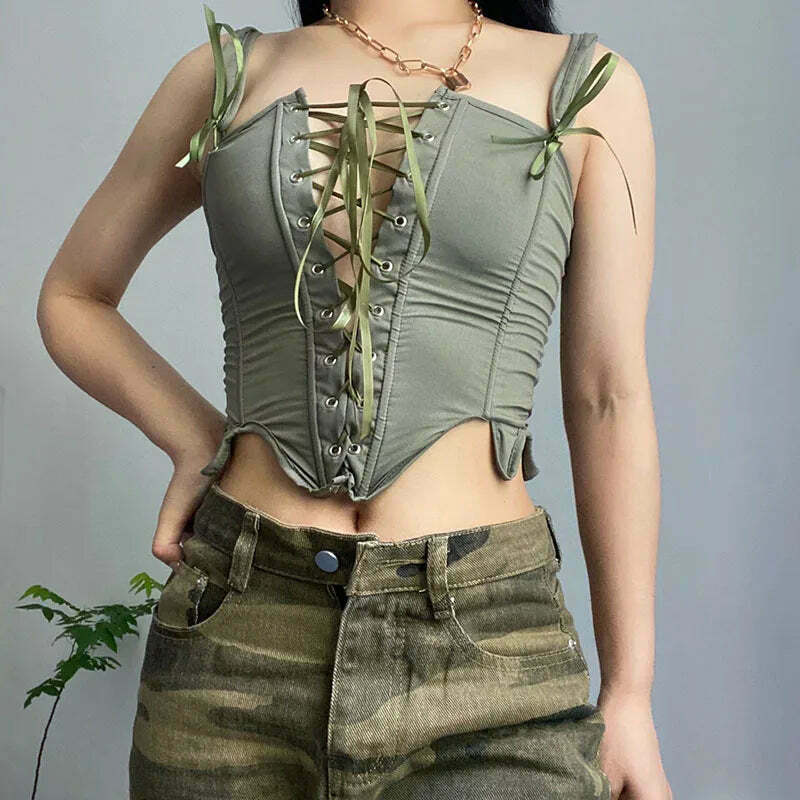 Y2K Aesthetic Mingle Beans Tie-Up Bustier - Coquette Grunge Pastel Goth