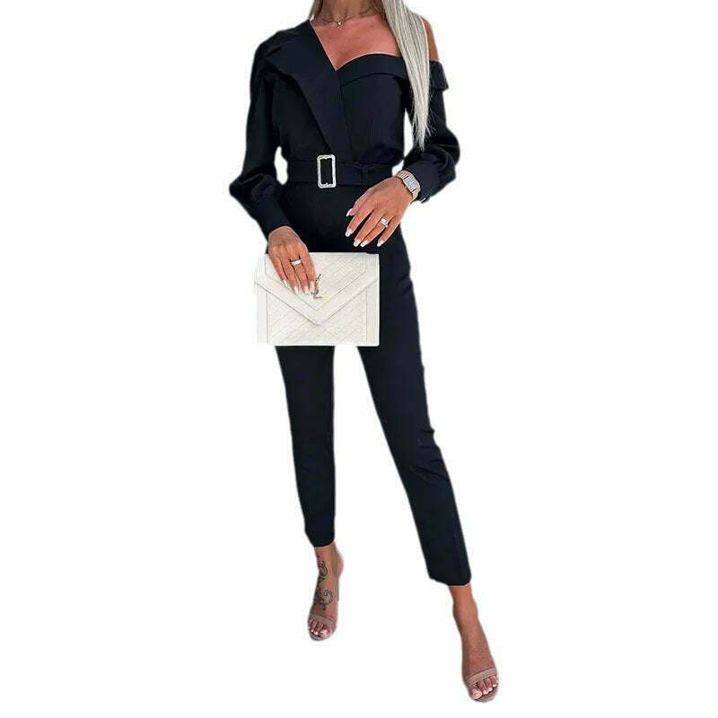 Y2K Aesthetic Oblique Shoulder Jumpsuit with Waist Detail - Coquette Fashion for Women
