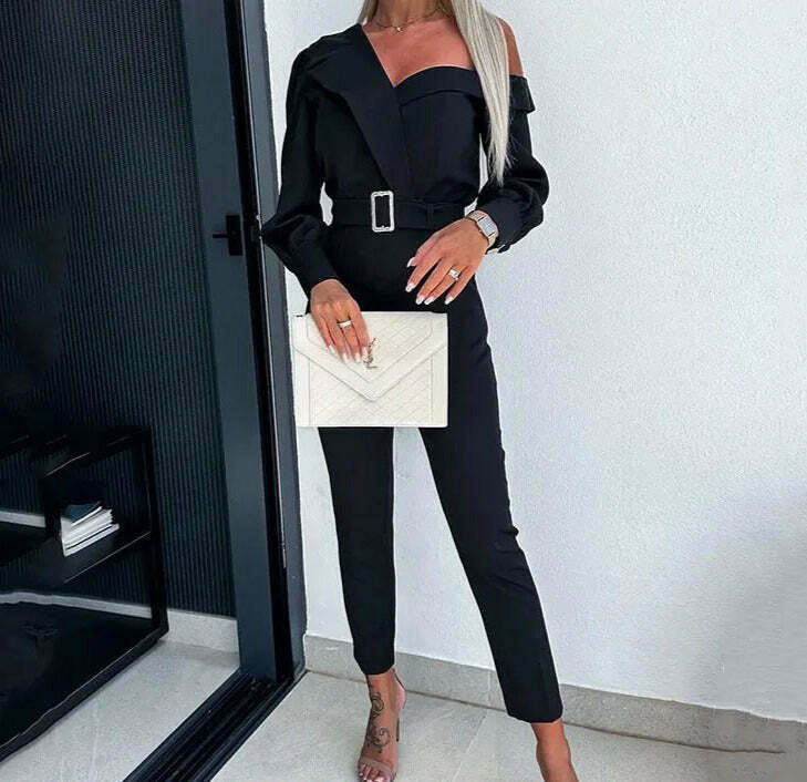 Y2K Aesthetic Oblique Shoulder Jumpsuit with Waist Detail - Coquette Fashion for Women