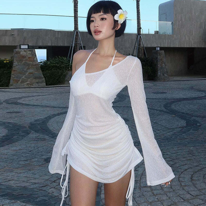 Y2K Aesthetic Oblique Shoulder Pleated Dress - Coquette Grunge Style for Women - Vintage Fashion