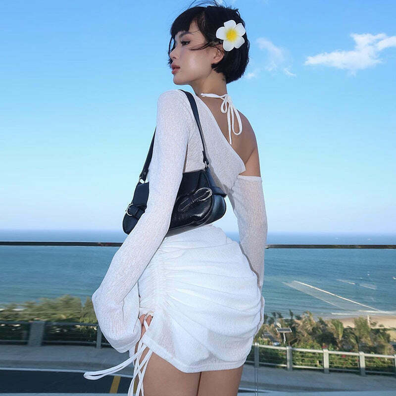 Y2K Aesthetic Oblique Shoulder Pleated Dress - Coquette Grunge Style for Women - Vintage Fashion