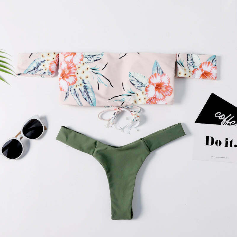 Y2K Aesthetic Off-Shoulder Flower Bikini Set for Coquette Style Fashionistas