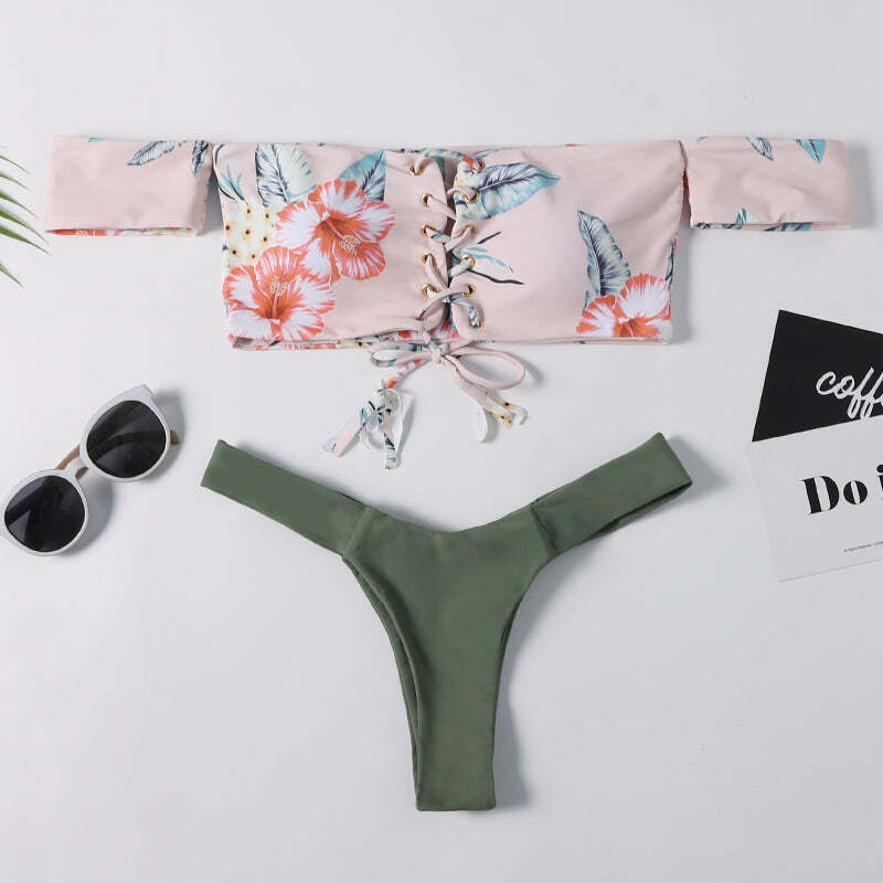 Y2K Aesthetic Off-Shoulder Flower Bikini Set for Coquette Style Fashionistas