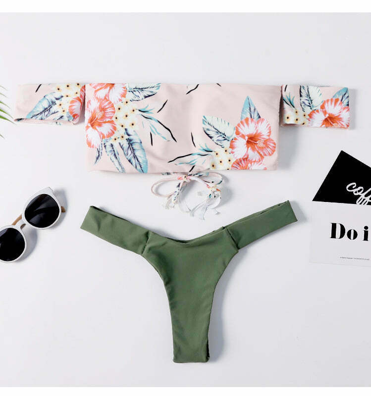 Y2K Aesthetic Off-Shoulder Flower Bikini Set for Coquette Style Fashionistas