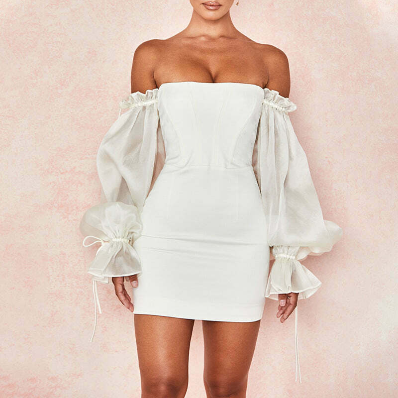 Y2K Aesthetic Off-Shoulder Lantern Sleeve Dress - Coquette Grunge Fashion & Pastel Goth Vibes