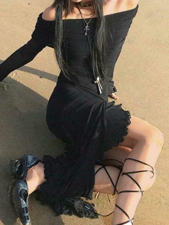 Y2K Aesthetic Off-Shoulder Maxi Dress with Ruffle Detail and High Slit