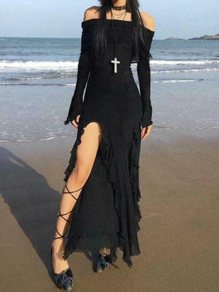 Y2K Aesthetic Off-Shoulder Maxi Dress with Ruffle Detail and High Slit
