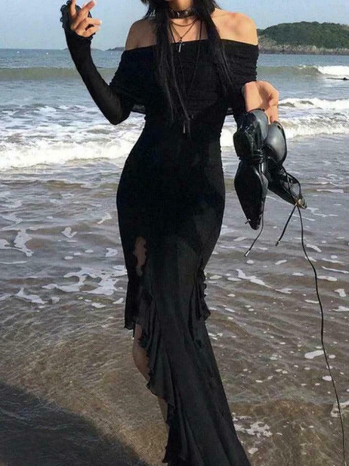 Y2K Aesthetic Off-Shoulder Maxi Dress with Ruffle Detail and High Slit