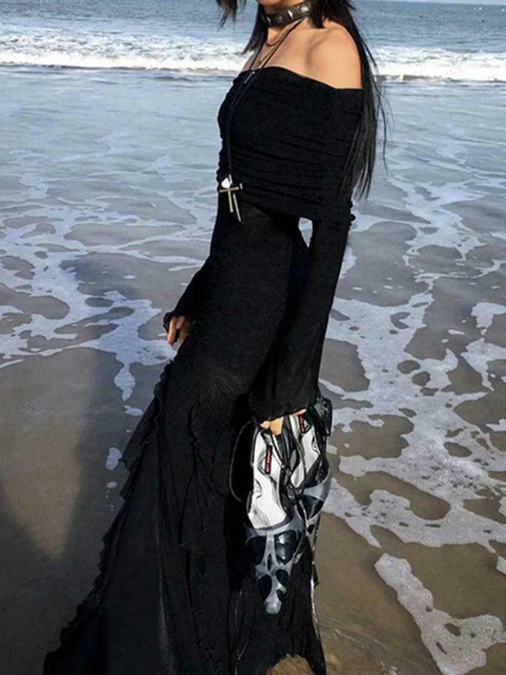 Y2K Aesthetic Off-Shoulder Maxi Dress with Ruffle Detail and High Slit