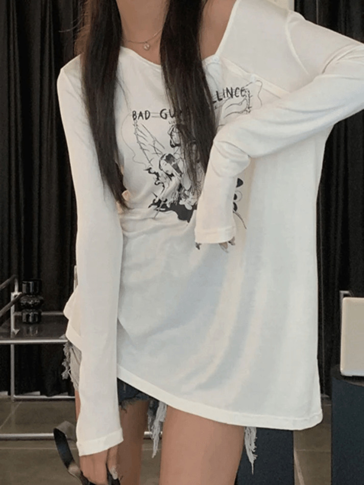 Y2K Aesthetic Off-Shoulder Print Long Sleeve Tee for Women - Coquette & Grunge Style Fashion
