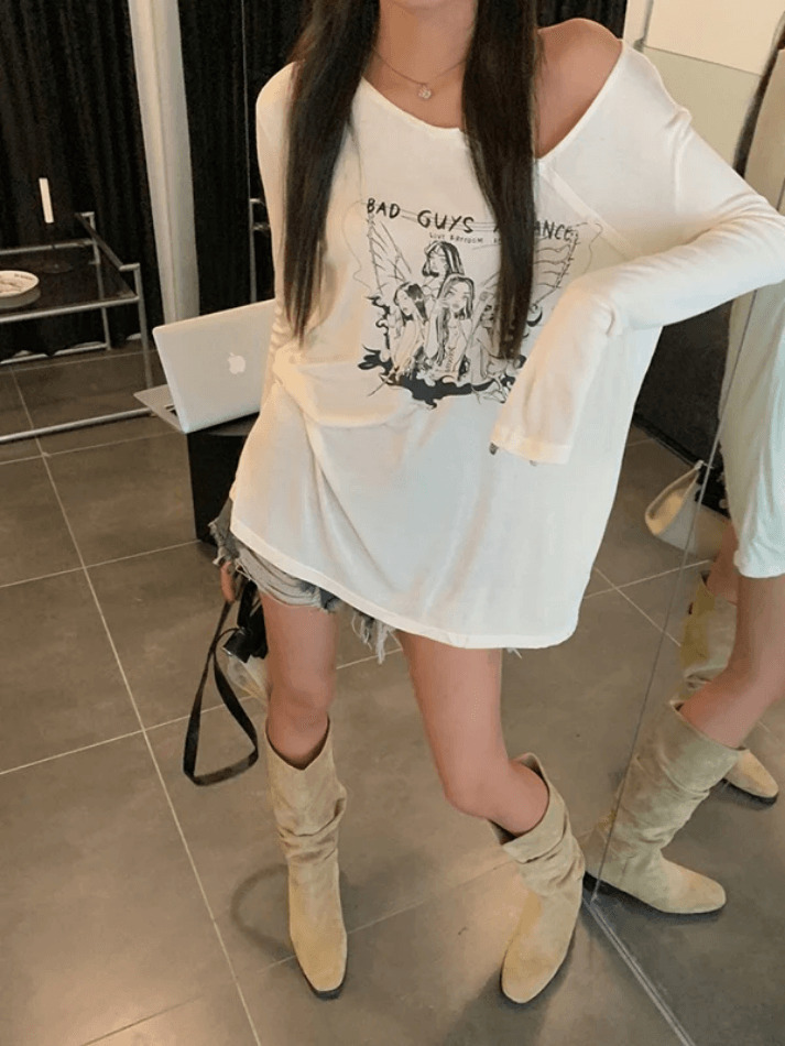 Y2K Aesthetic Off-Shoulder Print Long Sleeve Tee for Women - Coquette & Grunge Style Fashion