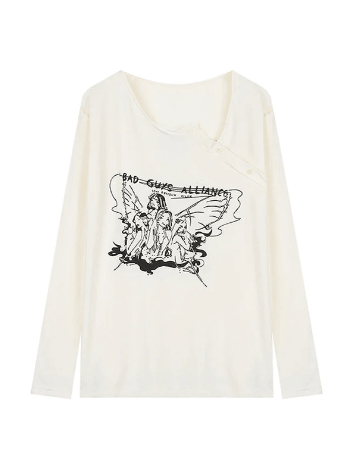 Y2K Aesthetic Off-Shoulder Print Long Sleeve Tee for Women - Coquette & Grunge Style Fashion