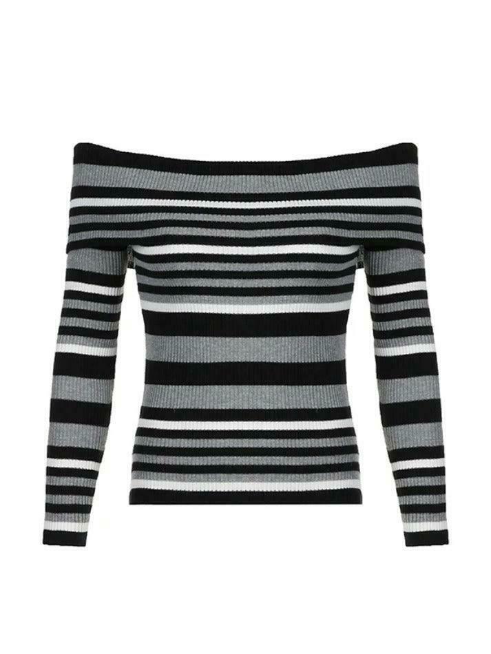 Y2K Aesthetic Off-Shoulder Sweater: Coquette & Grunge Style Contrast Color Slim Fit