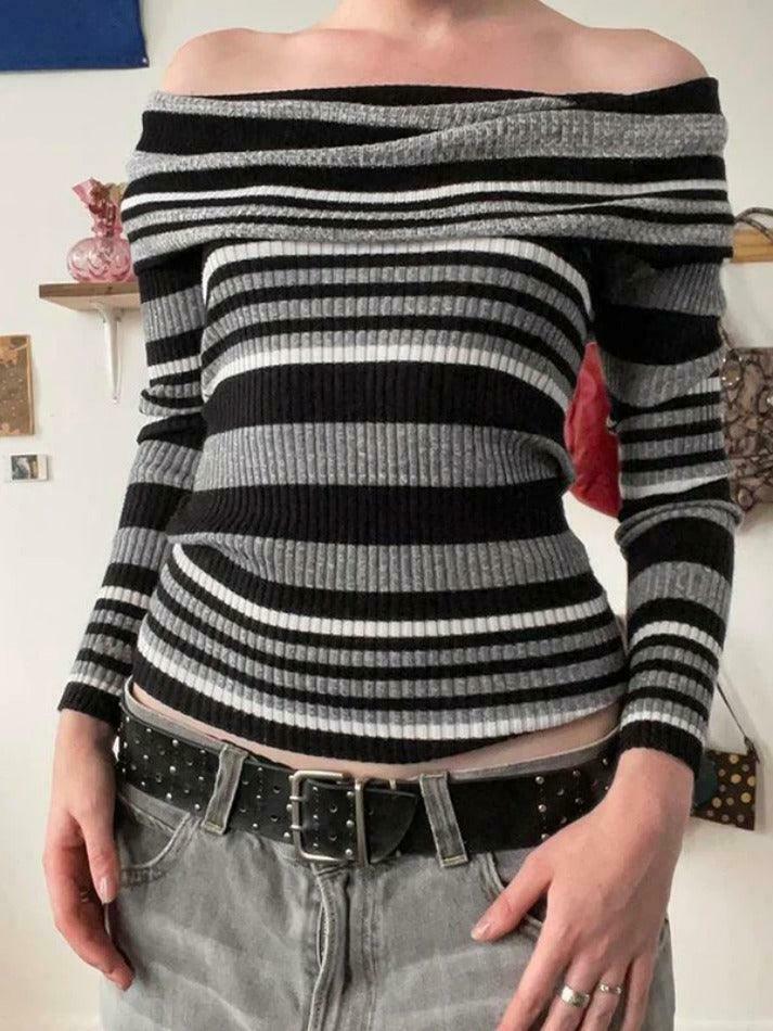 Y2K Aesthetic Off-Shoulder Sweater: Coquette & Grunge Style Contrast Color Slim Fit