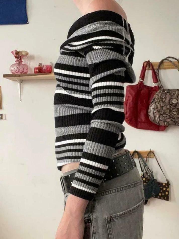 Y2K Aesthetic Off-Shoulder Sweater: Coquette & Grunge Style Contrast Color Slim Fit
