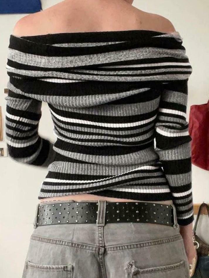 Y2K Aesthetic Off-Shoulder Sweater: Coquette & Grunge Style Contrast Color Slim Fit