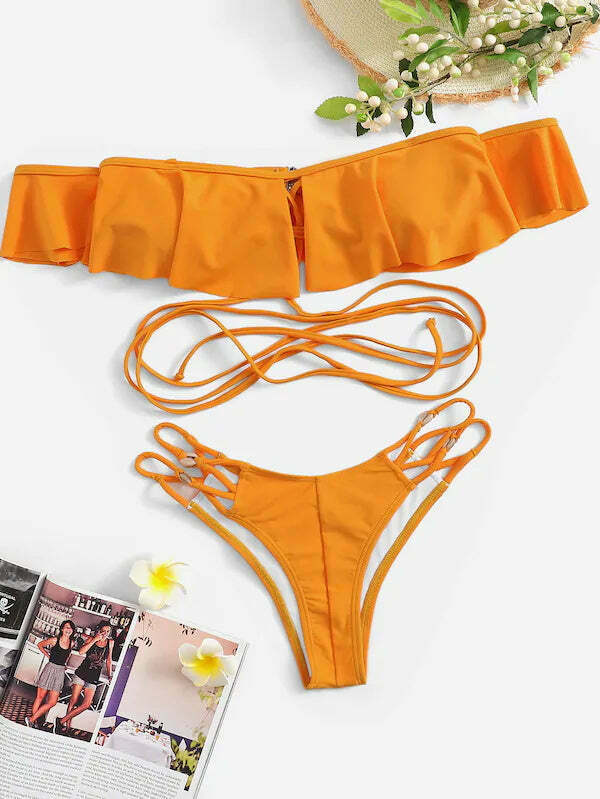 Y2K Aesthetic Off Shoulder Bikini Set for Women - Coquette Style Grunge Fashion with a Sexy Twist