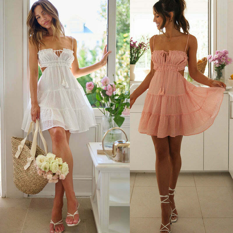 Y2K Aesthetic One-Shoulder Backless Sling Summer Dress for Women - Coquette Style Grunge Fashion