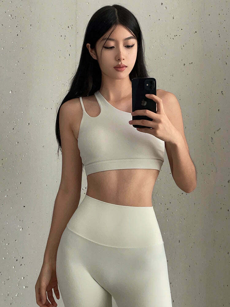 Y2K Aesthetic One-Shoulder Sports Bra - Coquette Grunge Fashion & Pastel Goth Vibes