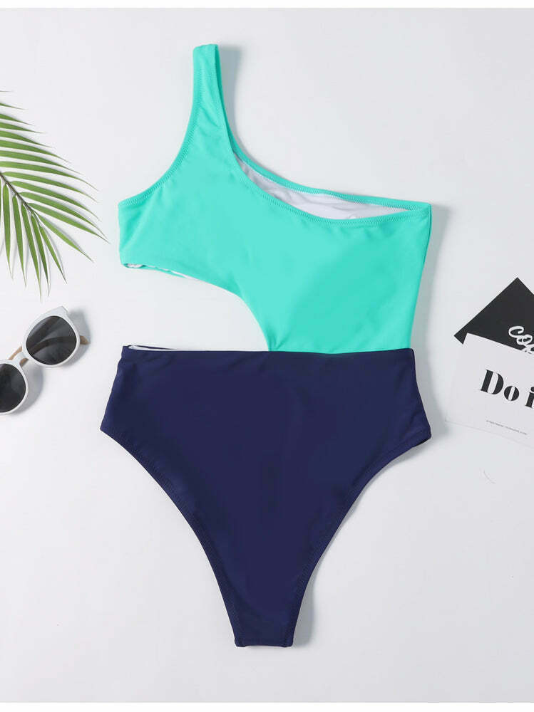 Y2K Aesthetic One Shoulder Cutout Swimsuit in Colorblock Style