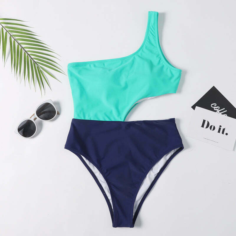 Y2K Aesthetic One Shoulder Cutout Swimsuit in Colorblock Style