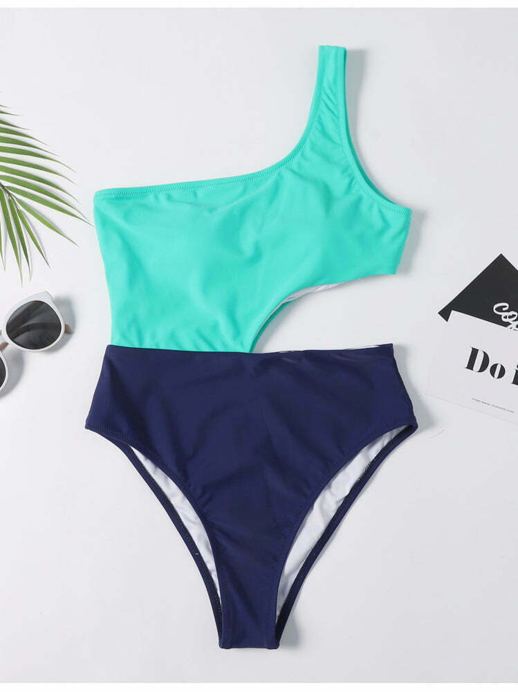 Y2K Aesthetic One Shoulder Cutout Swimsuit in Colorblock Style