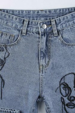 Y2K Aesthetic Outline Embroidery Mom Jeans - Coquette Grunge Fashion for Women