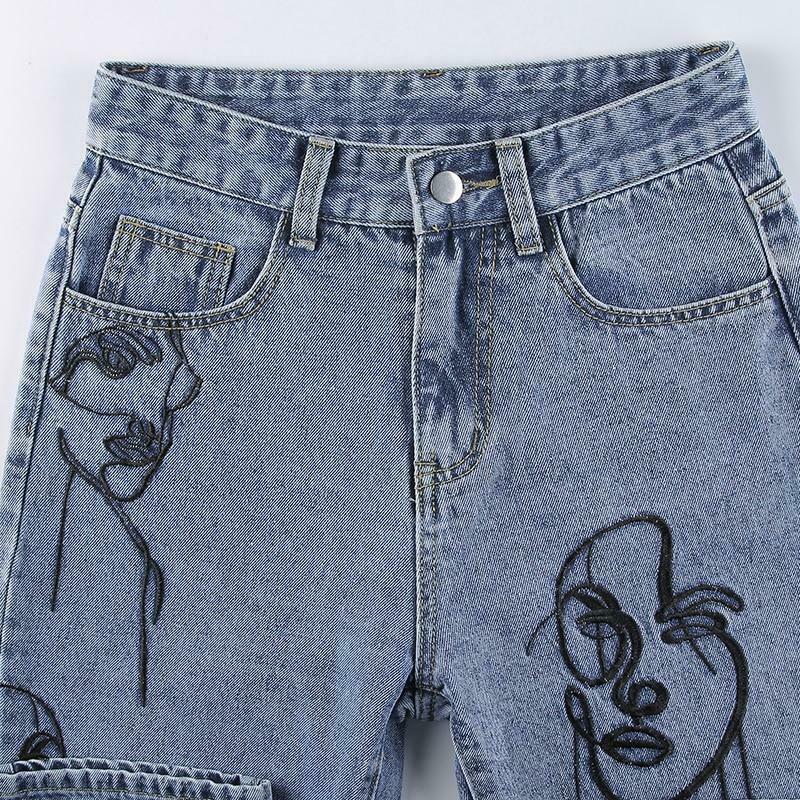 Y2K Aesthetic Outline Embroidery Mom Jeans - Coquette Grunge Fashion for Women