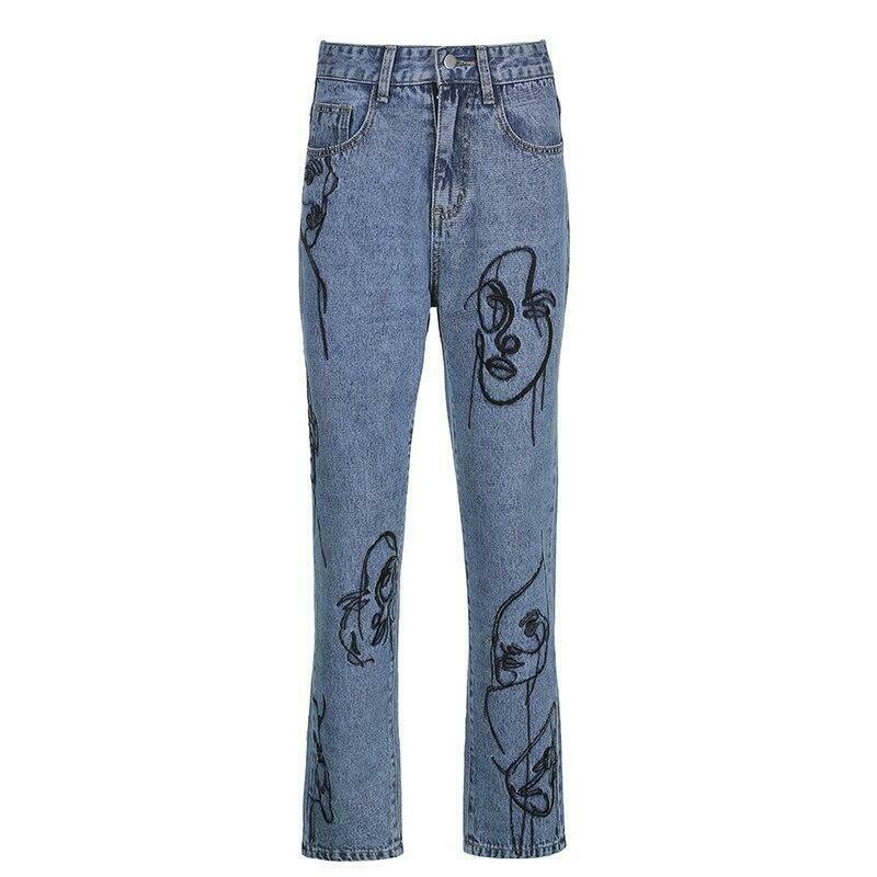Y2K Aesthetic Outline Embroidery Mom Jeans - Coquette Grunge Fashion for Women