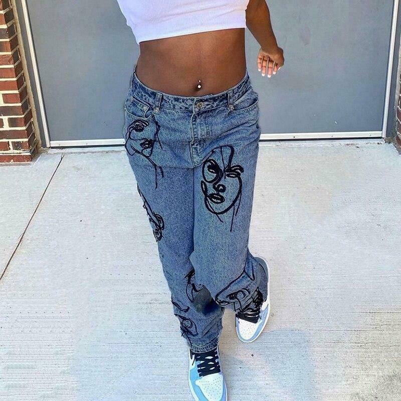 Y2K Aesthetic Outline Embroidery Mom Jeans - Coquette Grunge Fashion for Women