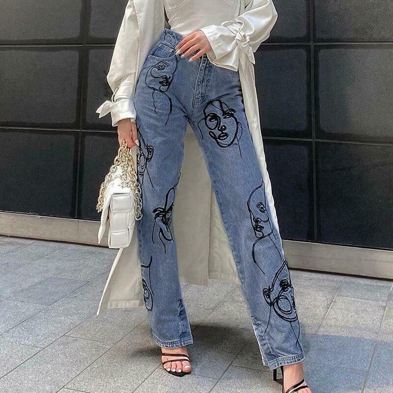 Y2K Aesthetic Outline Embroidery Mom Jeans - Coquette Grunge Fashion for Women
