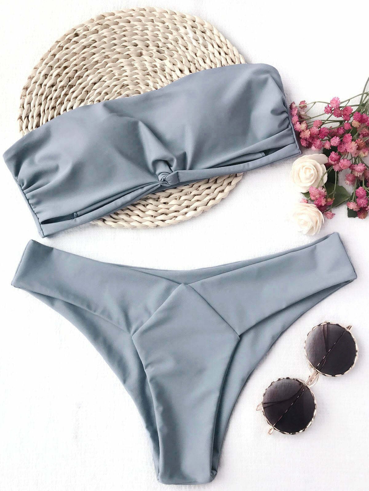 Y2K Aesthetic Padded Bandeau Bikini Set - Coquette Grunge Fashion with Cute Tops & Cargo Skirt