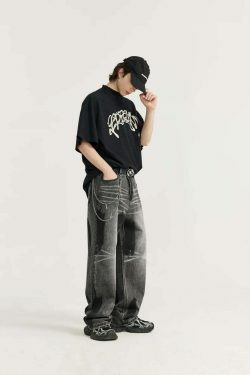 Y2K Aesthetic Paint Stripe Faded Baggy Jeans - Vintage Style Denim for Women