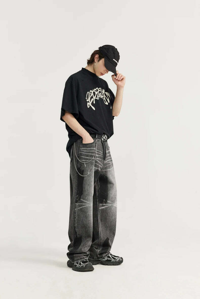 Y2K Aesthetic Paint Stripe Faded Baggy Jeans - Vintage Style Denim for Women
