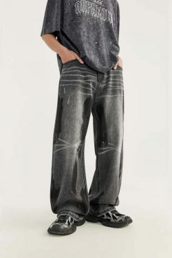 Y2K Aesthetic Paint Stripe Faded Baggy Jeans - Vintage Style Denim for Women
