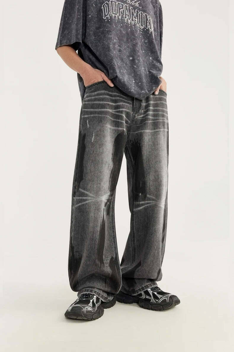 Y2K Aesthetic Paint Stripe Faded Baggy Jeans - Vintage Style Denim for Women