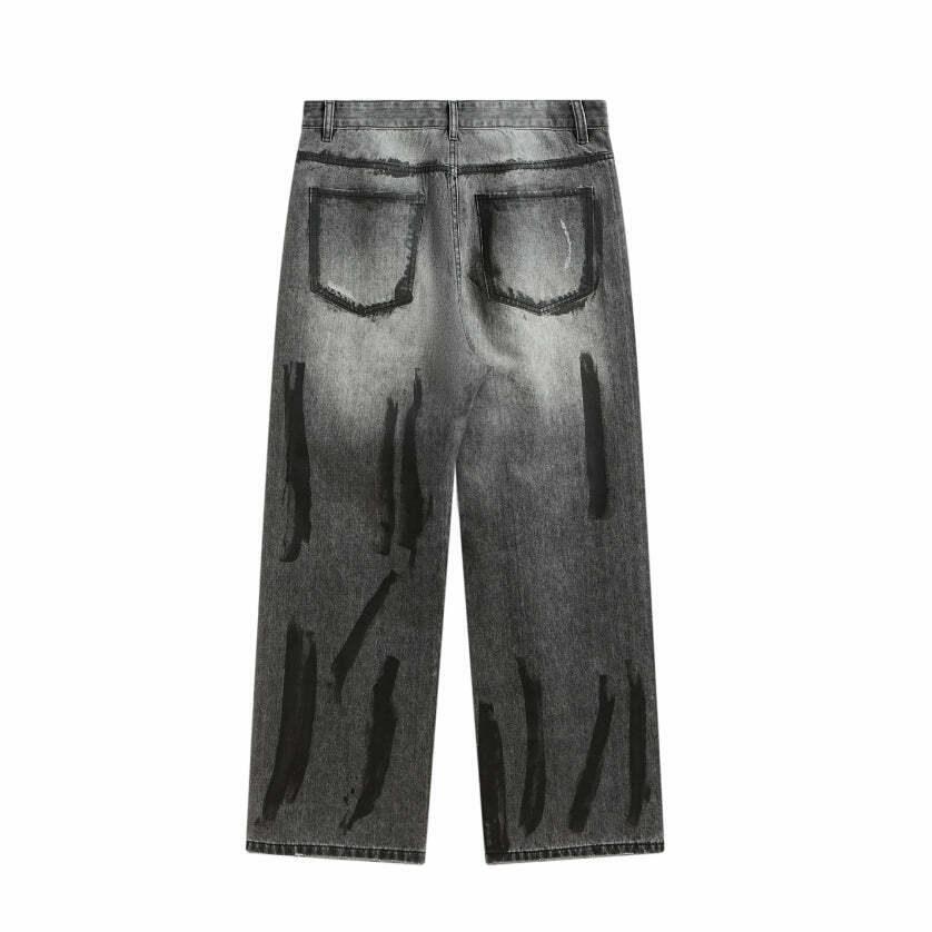 Y2K Aesthetic Paint Stripe Faded Baggy Jeans - Vintage Style Denim for Women